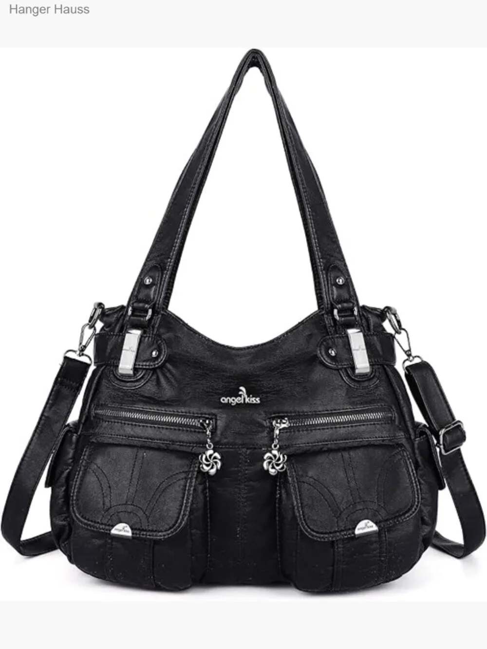 Large Hobo Handbag Double Zipper Multi Pocket Washed PU Leather Purse